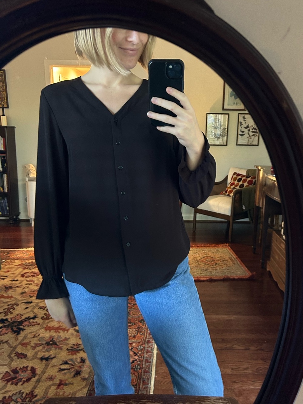 T Tahari V-Neck Button Front Blouse - Black